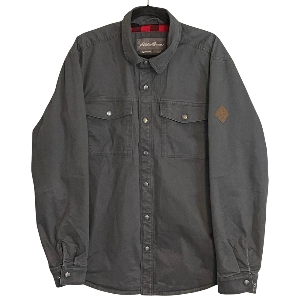 Eddie Bauer Mens Charcoal Gray Fleece Lined Canvas Shirt Jacket Large Outdoor - Picture 1 of 10